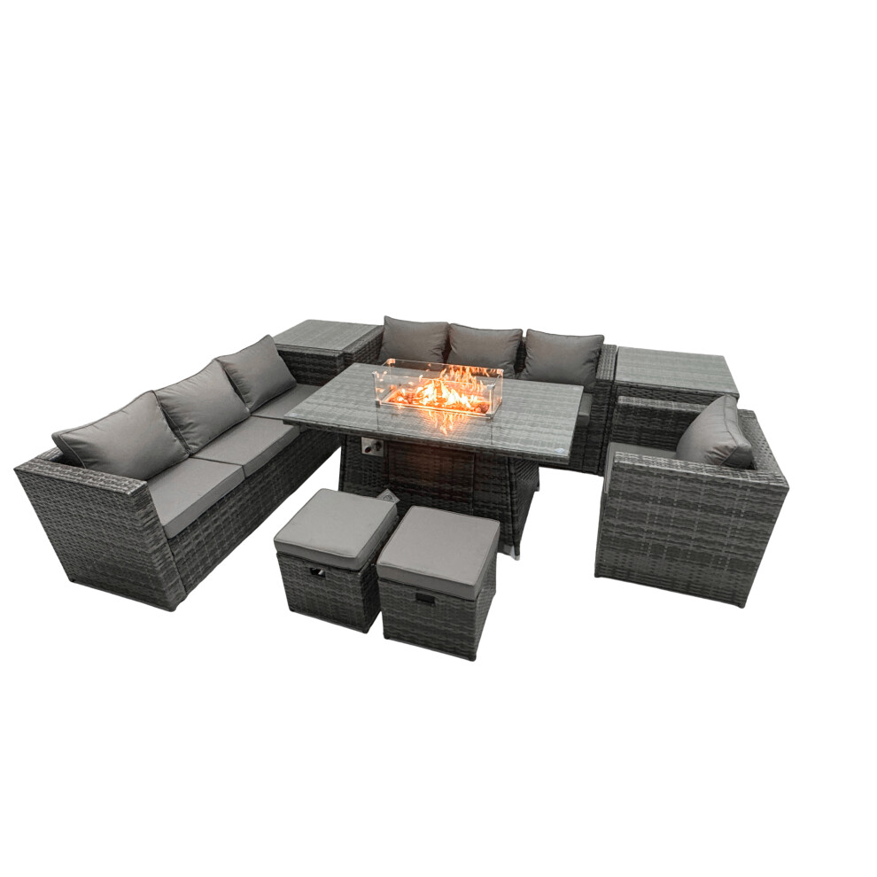 Fimous Rattan Garden Furniture Firepit Dining Set 6 Seater Lounge Sofa Table Set with 2 Side Table 2 Footstool