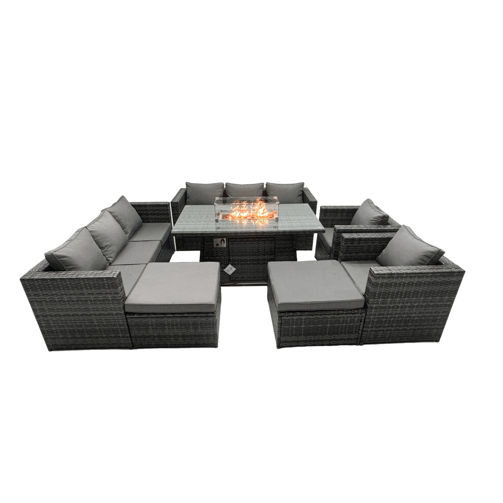 Fimous Rattan Garden Furniture Firepit Dining Set 10 Seater Lounge Sofa Table Set With 2 Big Footstool