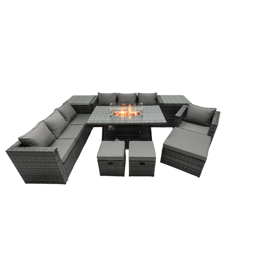 Fimous Rattan Garden Furniture Firepit Dining Set 10 Seater Lounge Sofa Table Set with 2 side table 3 Footstool