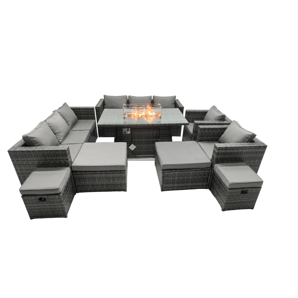 Fimous Rattan Garden Furniture Firepit Dining Set 12 Seater Lounge Sofa Table Set With 2 Big Footstool