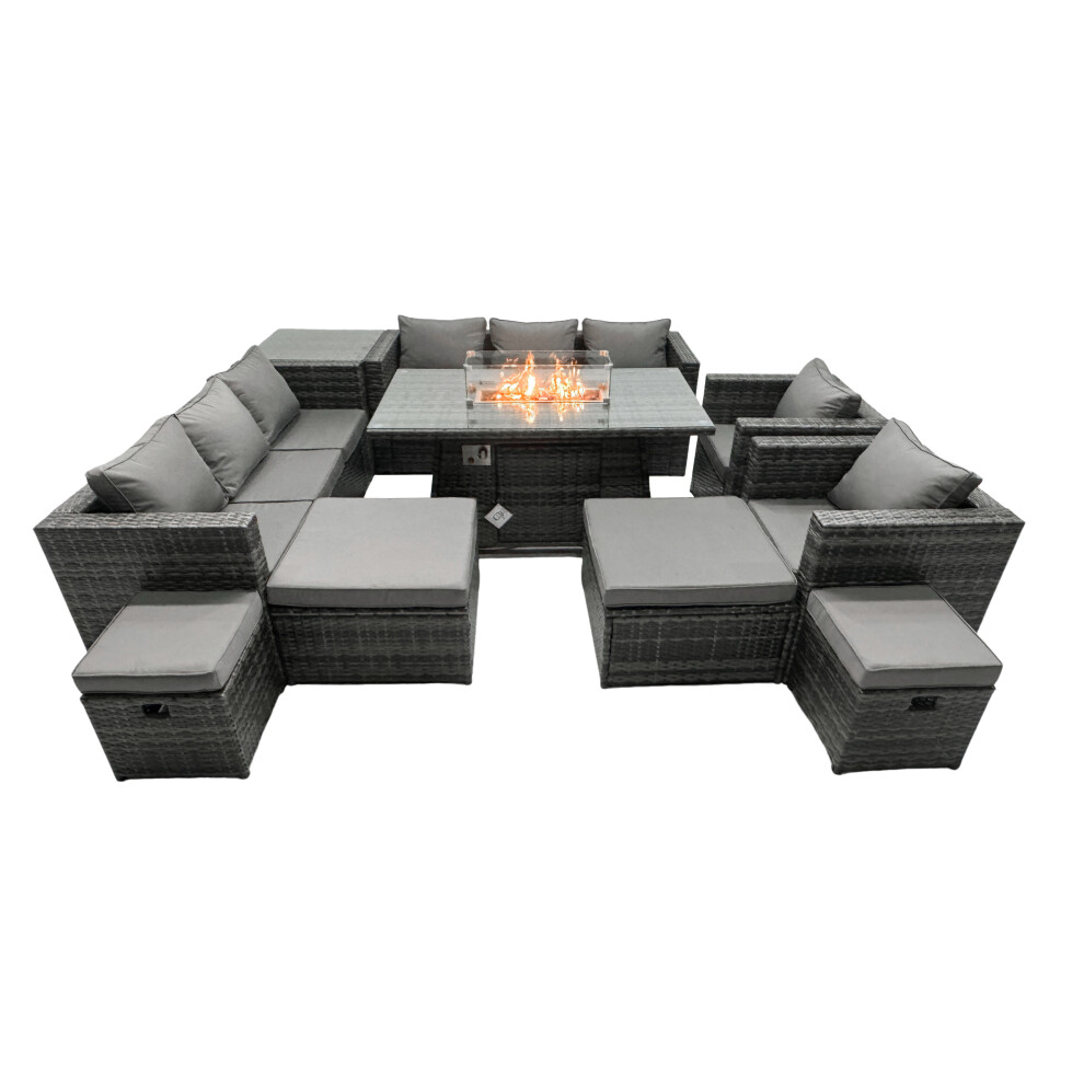 Fimous Dark/Grey 12 Seater Rattan Garden Furniture Set With Fire Pit Dining Table, 2 Sofas, 2 Chairs, Side Table & 4 Footstools - Image 2
