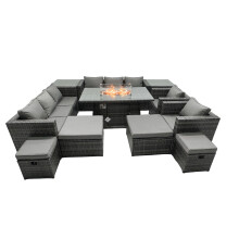 Fimous Rattan Garden Furniture Firepit Dining Set 12 Seater Lounge Sofa Table Set with 2 side table 2 big Footstool