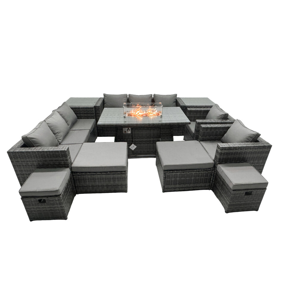Fimous Dark/Grey 12 Seater Rattan Furniture Set With Fire Pit Dining Table, 2 Sofas, 2 Chairs & 2 Footstools - Image 2