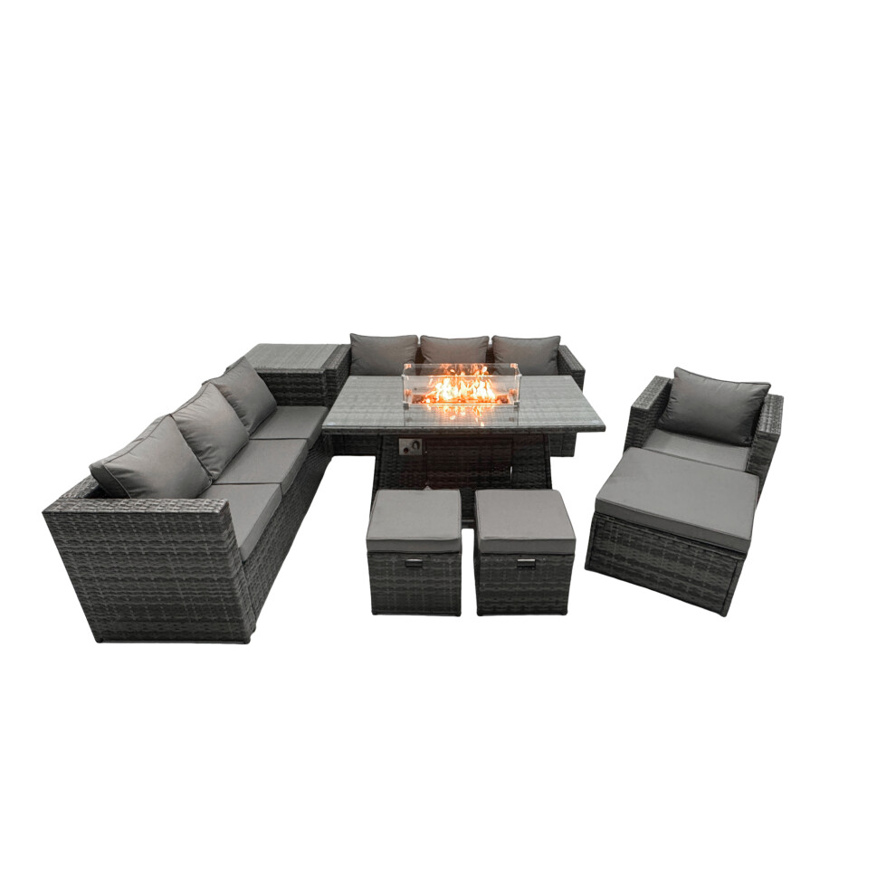 Fimous Dark/Grey Rattan Garden Furniture Fire Pit Dining Set 7 Seater Lounge Sofa Table Set With Side Table 3 Footstool - Image 2
