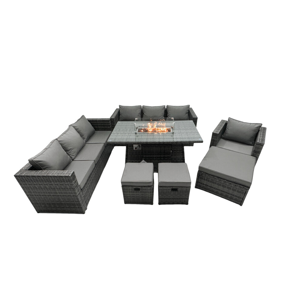 Fimous Rattan Garden Furniture Firepit Dining Set 7 Seater Lounge Sofa Table Set with 3 Footstool