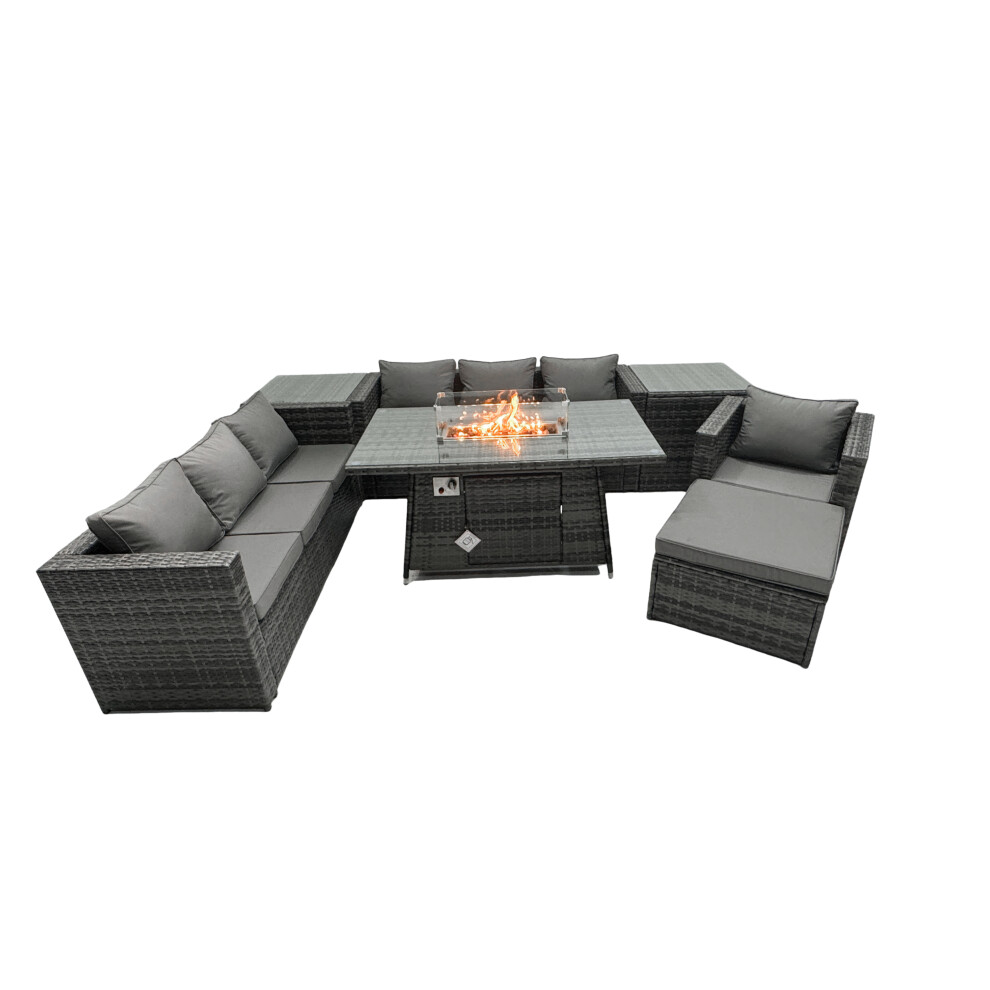 Fimous Rattan Garden Furniture Firepit Dining Set 8 Seater Lounge Sofa Table Set with 2 side table big Footstool