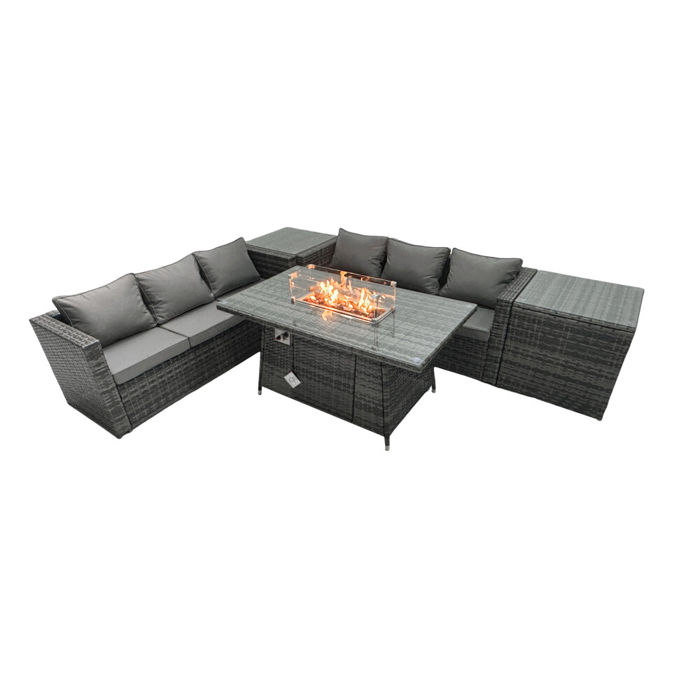 Fimous Rattan Garden Furniture Firepit Dining Set 6 Seater Lounge Sofa Table Set with 2 Side Tables