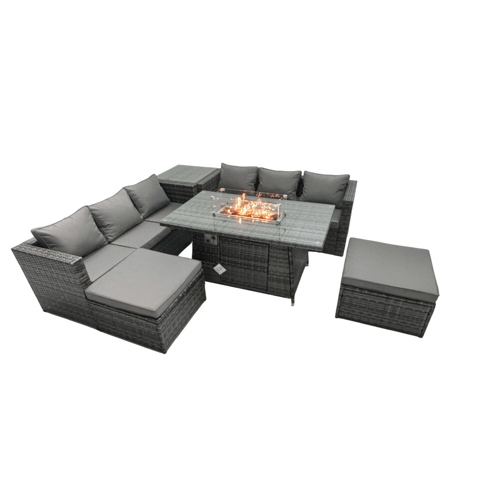 Fimous Rattan Garden Furniture Firepit Dining Set 6 Seater Lounge Sofa Table Set with Side Tables 2 Footstool