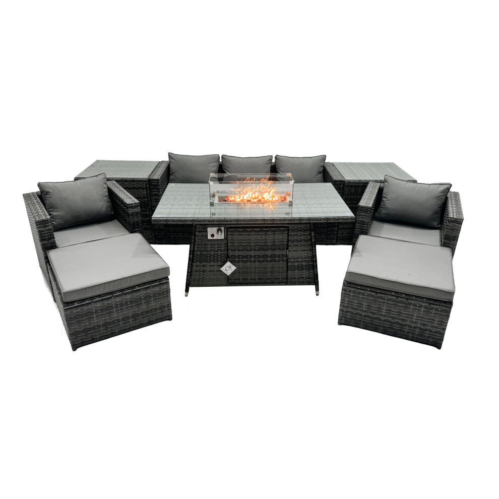 Fimous Rattan Garden Furniture Firepit Dining Set 7 Seater Lounge Sofa Table Set with 2 Side table 2 big Footstool