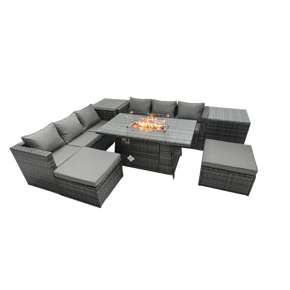 Fimous Rattan Garden Furniture Firepit Dining Set 6 Seater Lounge Sofa Table Set with 2 Side Tables 2 Footstool