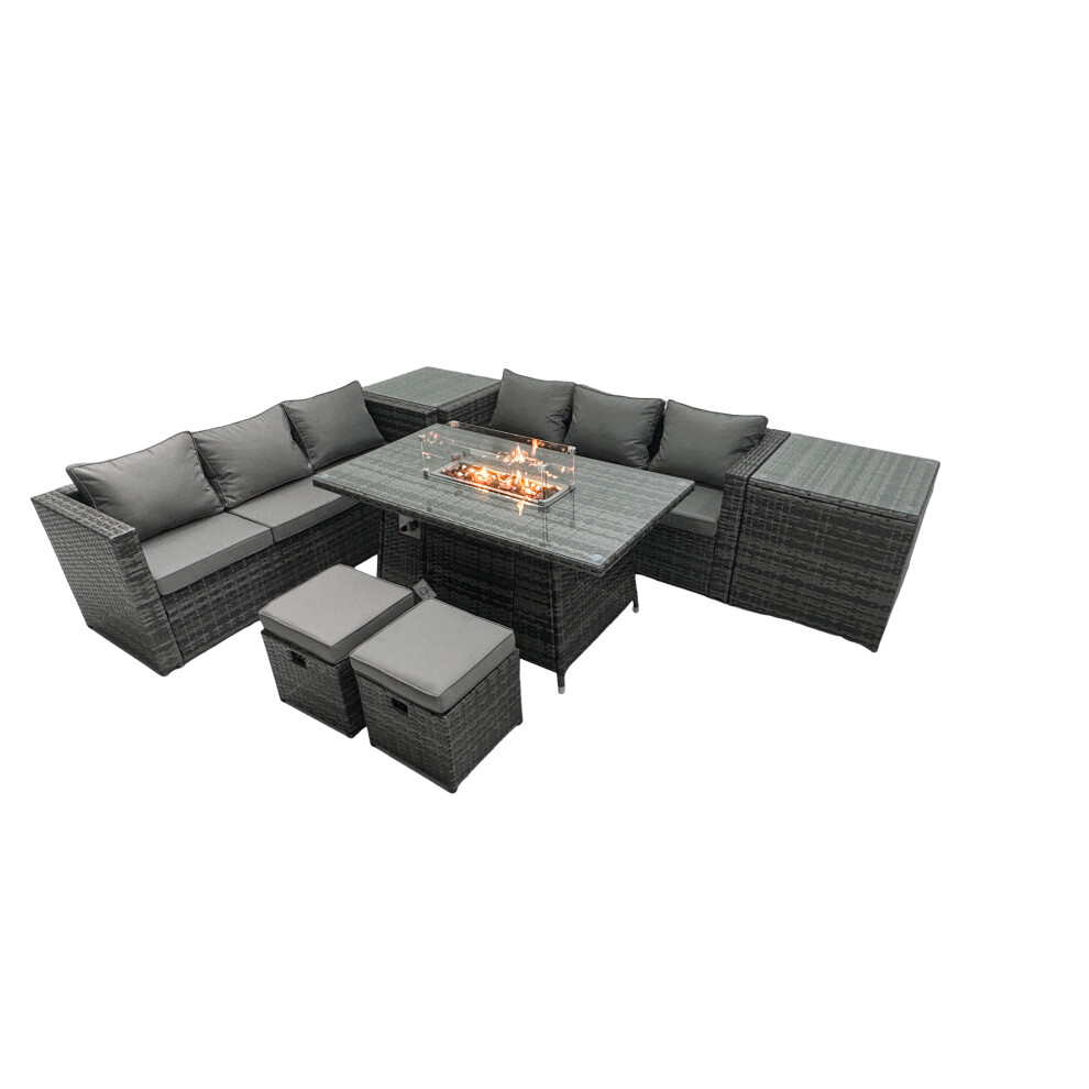 Fimous Rattan Garden Furniture Firepit Dining Set 8 Seater Lounge Sofa Table Set with 2 Small Footstools