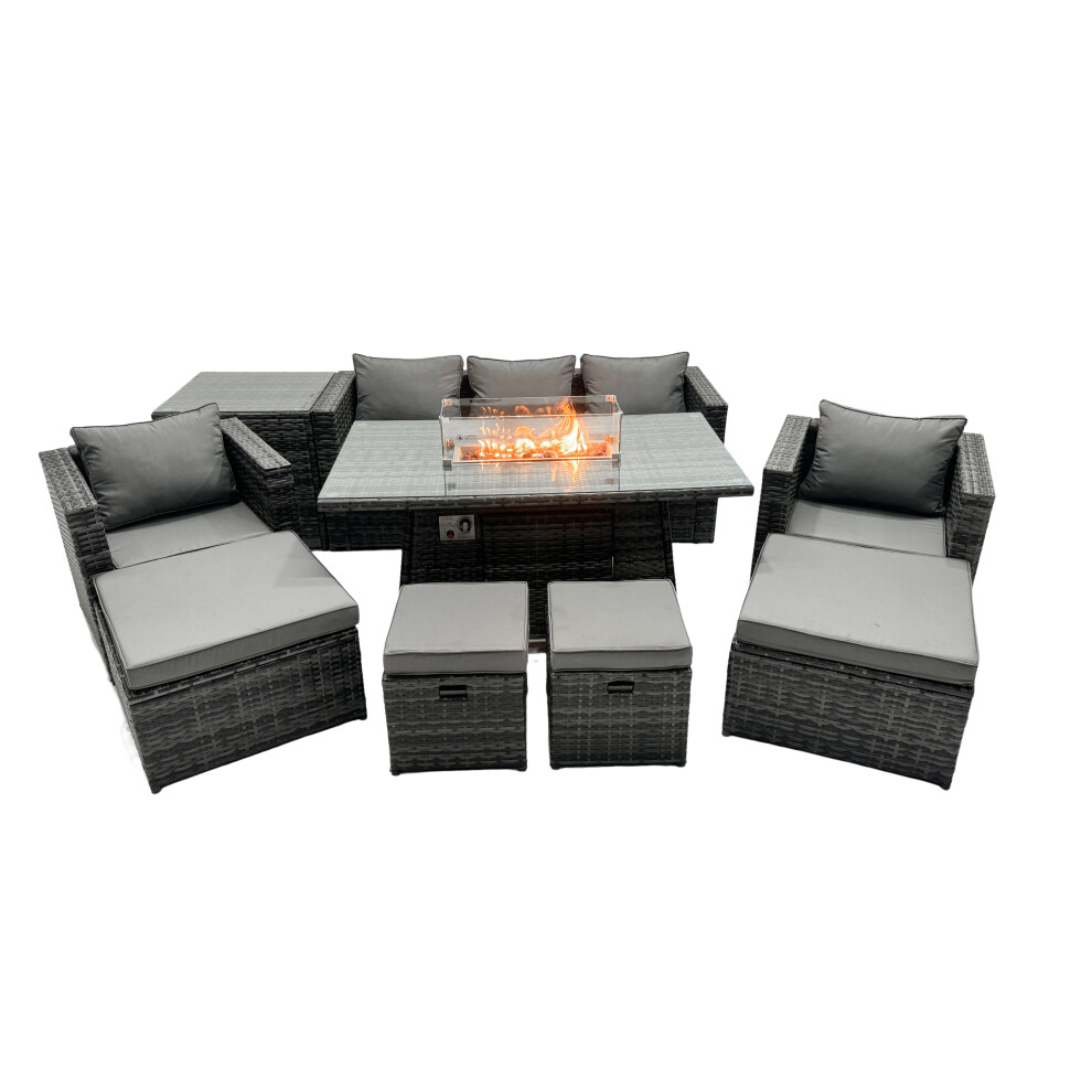 Fimous Dark/Grey Rattan Garden Furniture Fire Pit Dining Set 9 Seater Lounge Sofa Table Set With Side Table 4 Footstool - Image 2