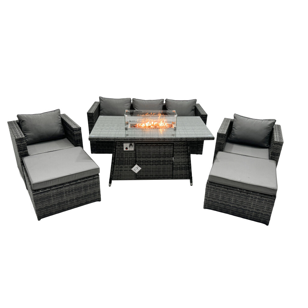 Fimous Rattan Garden Furniture Firepit Dining Set 7 Seater Lounge Sofa Table Set With 2 Big Footstool