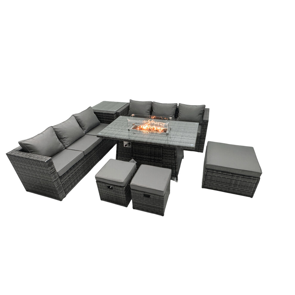 Fimous Rattan Garden Furniture Firepit Dining Set 9 Seater Lounge Sofa Table Set With Side Table 3 Footstool