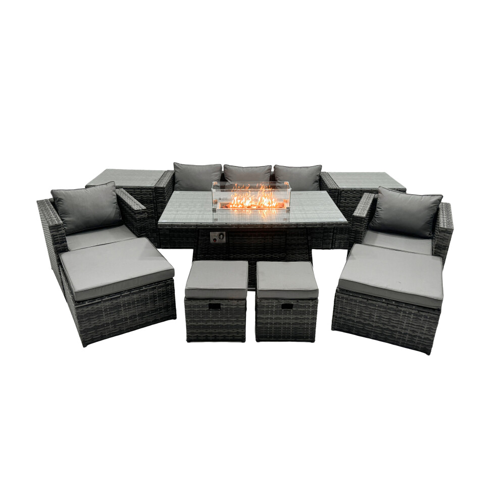 Fimous Rattan Garden Furniture Firepit Dining Set 9 Seater Lounge Sofa Table Set with 2 side table 4 Footstool