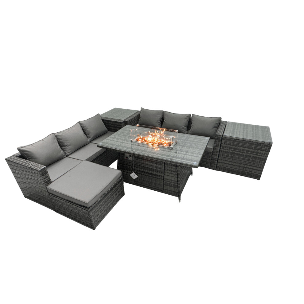 Fimous Rattan Garden Furniture Firepit Dining Set 6 Seater Lounge Sofa Table Set with 2 Side Tables Footstool