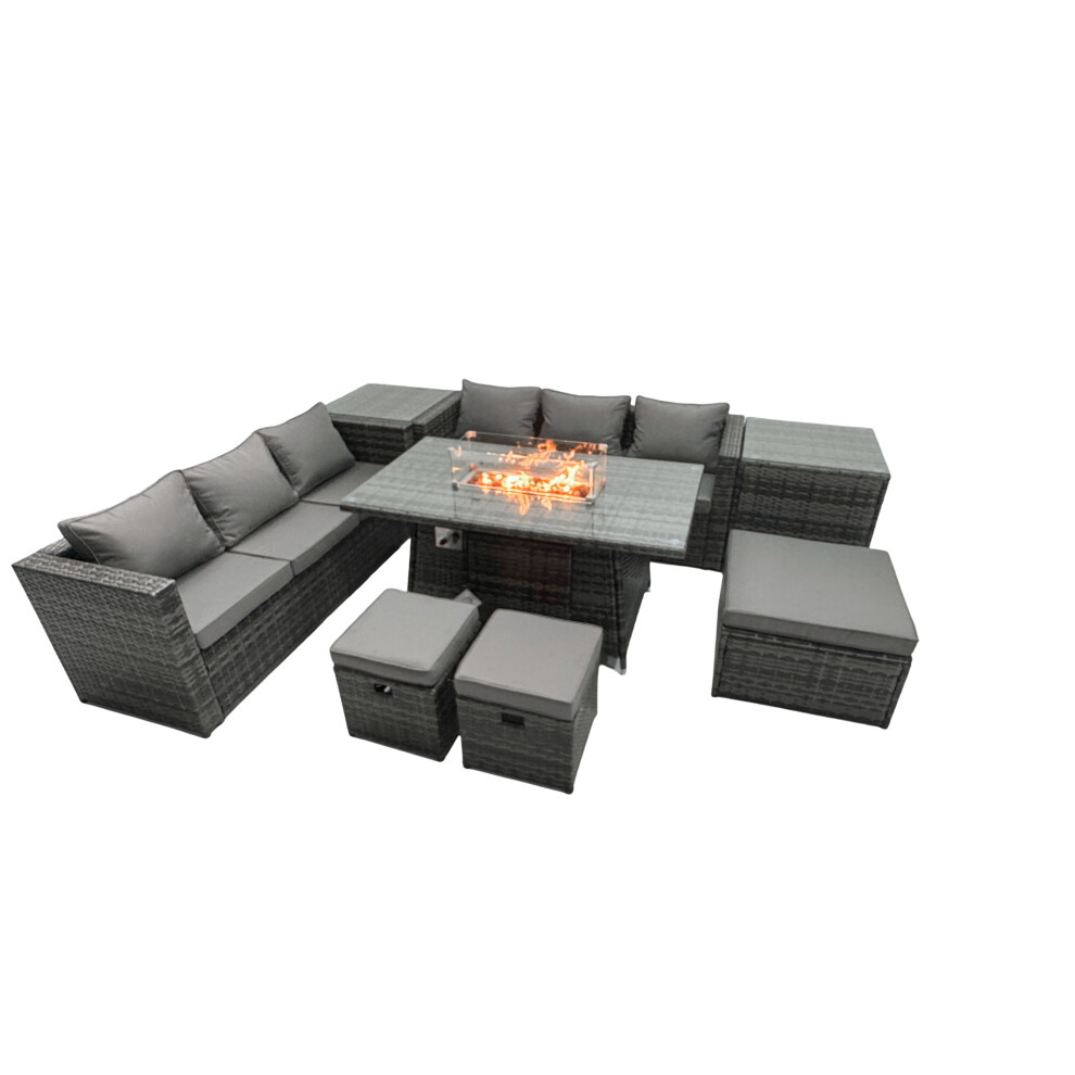 Fimous Rattan Garden Furniture Firepit Dining Set 9 Seater Lounge Sofa Table Set with 2 Side Table 3 Footstool