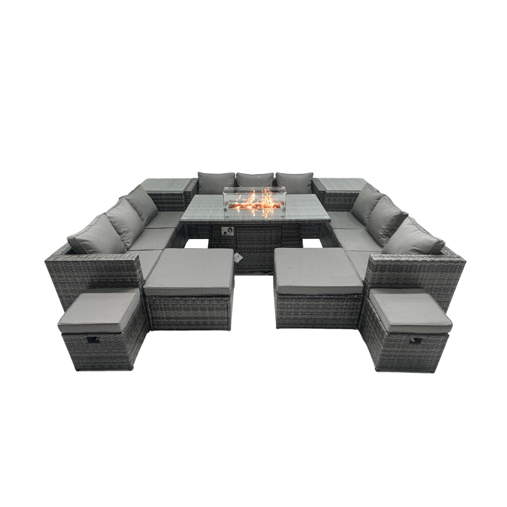 Fimous Rattan Garden Furniture Firepit Dining Set 13 Seater Lounge Sofa Table Set with 4 Footstools 2 Side Tables