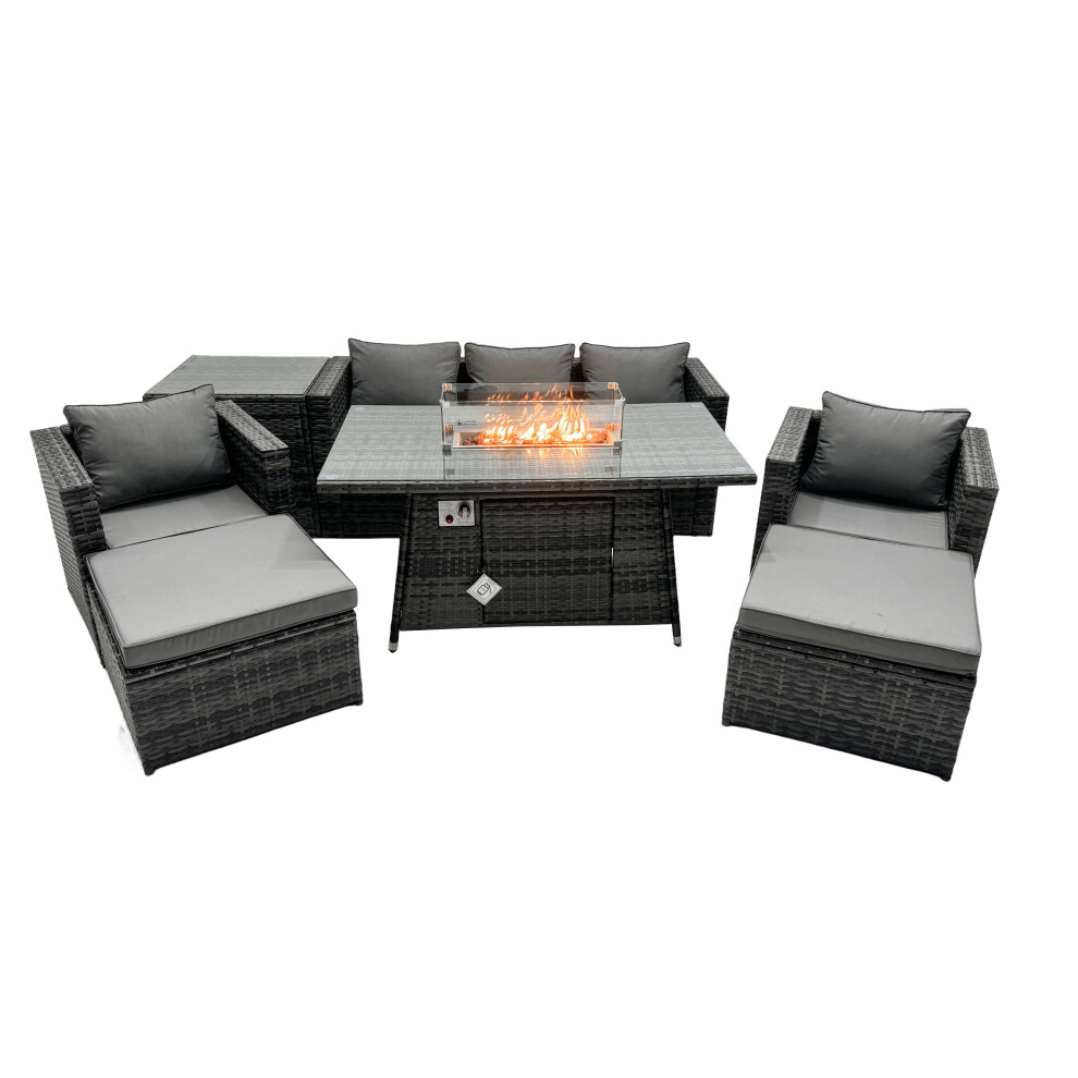 Fimous Rattan Garden Furniture Firepit Dining Set 7 Seater Lounge Sofa Table Set with Side table 2 big Footstool