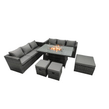 Fimous 9-Seater Rattan Outdoor Gas Fire Pit Dining Set with Glass-Top Table, Cozy Lounge Sofa & 3 Footstools