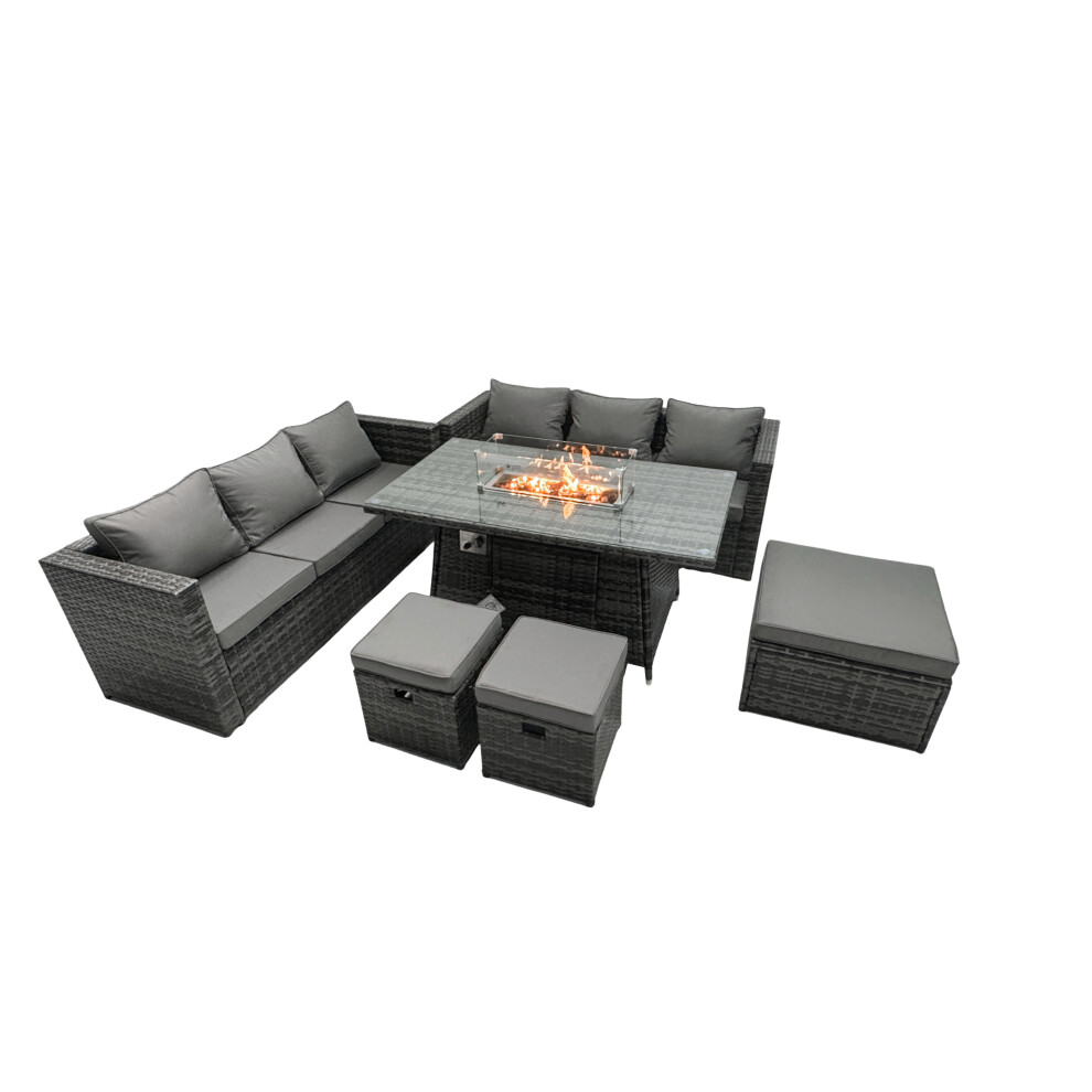 Fimous Rattan Garden Furniture Firepit Dining Set 6 Seater Lounge Sofa Table Set with 3 Footstool