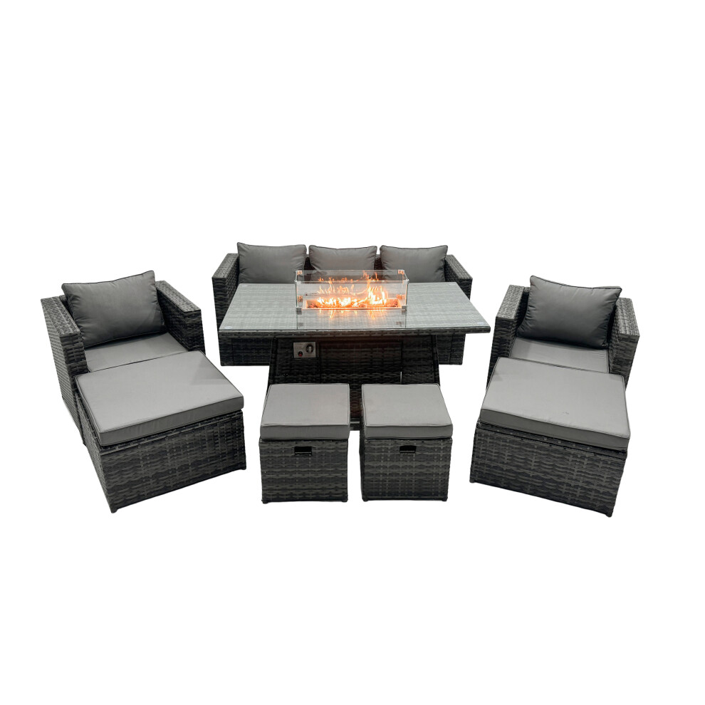 Fimous Rattan Garden Furniture Firepit Dining Set 9 Seater Lounge Sofa Table Set With 2 Big Footstool