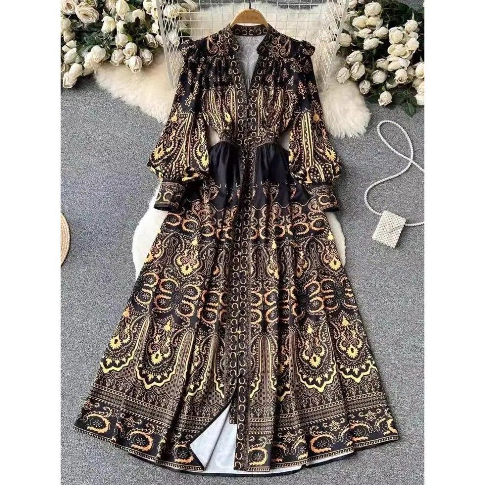 (black, XXL) Autumn Vintage Flower Maxi Dress Women&apos;s Lantern Long Sleeve V Neck Single-breasted A-line Baroque Printed Ruffles Robe  Dresses