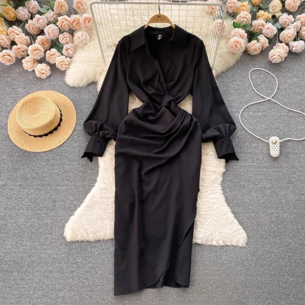 (black, M) New Fashion Women Casual Spring Summer Turn Down Collar Lantern Sleeve Shirts Office Party Irregular Dresses