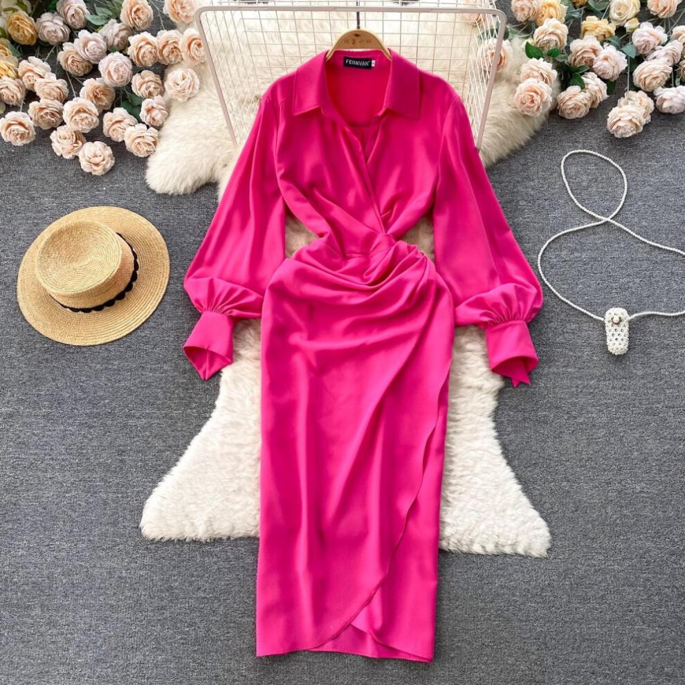 (rose red, S) New Fashion Women Casual Spring Summer Turn Down Collar Lantern Sleeve Shirts Office Party Irregular Dresses