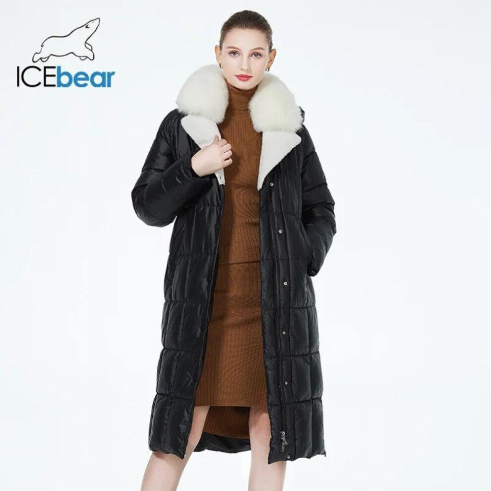 (black, 46) Icebear New 2023 Fur Hood Women Coat Long Luxury Jacket Female Warm Quilted Coat Parkas With Belt Gwd3906i