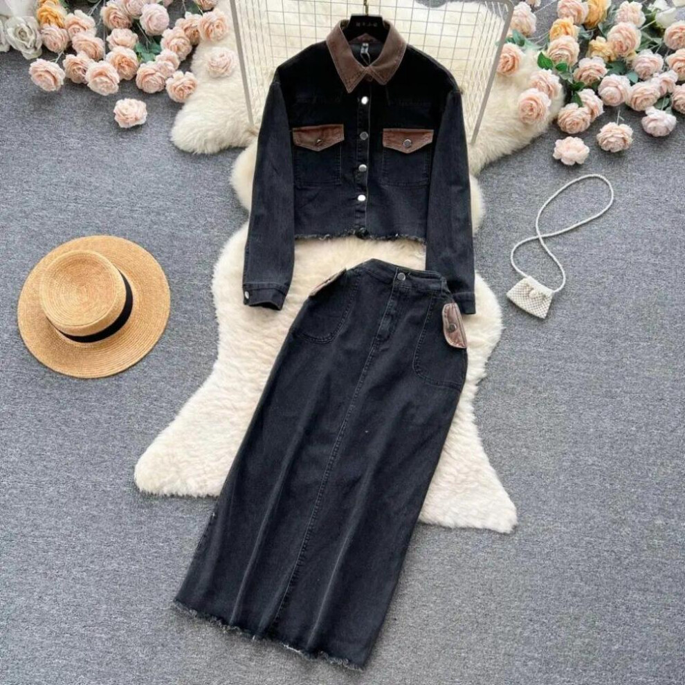 (black, XXL) New Women Lapel Denim Jacket  Full-length Skirt Two Pieces Sets Fashion Women&apos;s Suit Jeans Sets