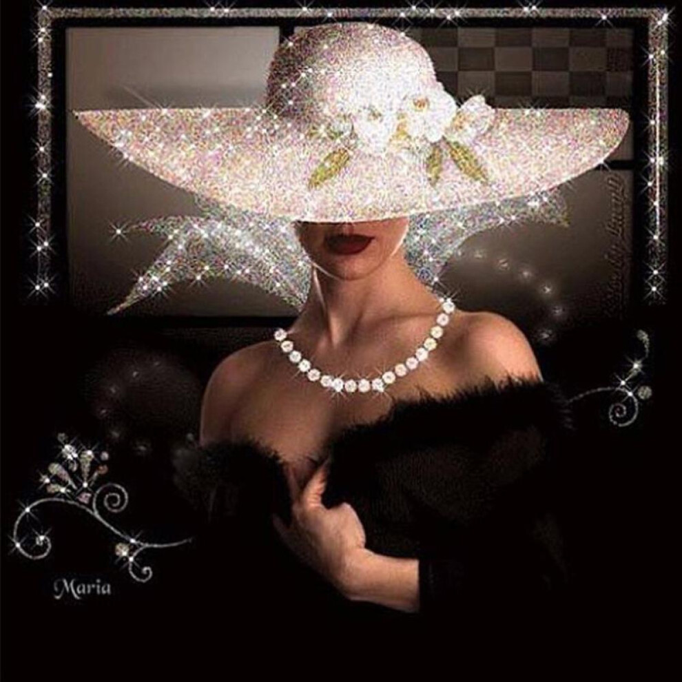 (as the picture, Round 60x60cm) 5d Diy Diamond Painting Woman In Black Dress And White Hat Diamond Embroidery Full Lay Anime Cross Stitch Kits Home Decor Handmade Gift