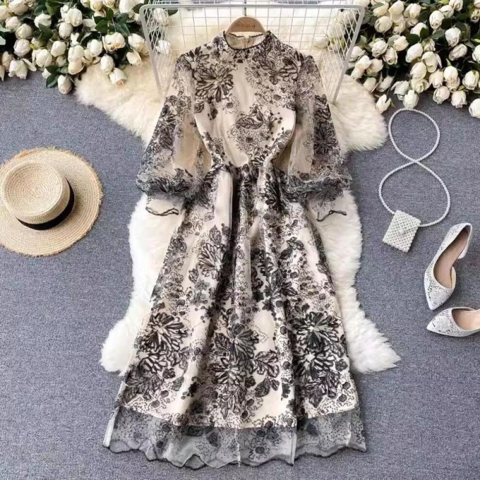 (black, L) High Quality  Spring Summer Women Embroidery Mesh Dress Festa Luxury Long Elegant Wedding Party Robe Femme Vintage Designer Dress