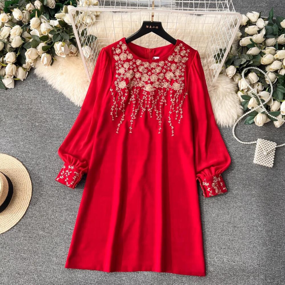 (red, XL) New Summer Spring Women High Quality French Temperament Elegant Embrodery Office Casual Party Dresses