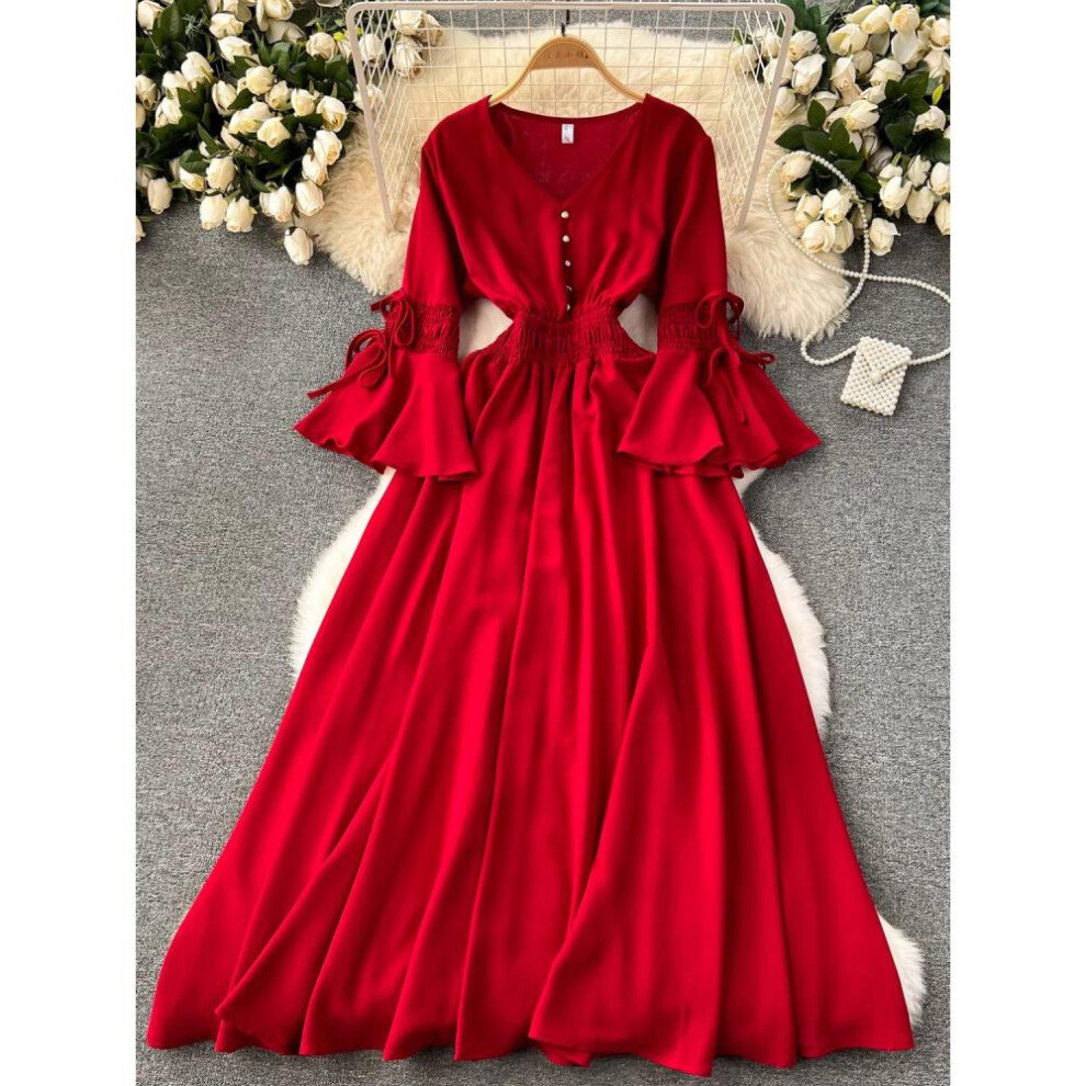 (claret, One Size) Spring Autumn New Fahison Candy Color  Long Dress Women Elegant V-neck Flare Sleeve High Waist Holiday Beach Maxi Robe Dresses