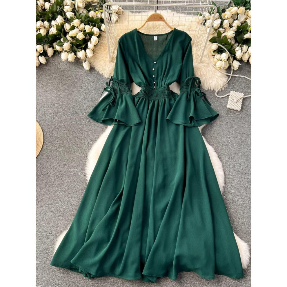 (dark green, One Size) Spring Autumn New Fahison Candy Color  Long Dress Women Elegant V-neck Flare Sleeve High Waist Holiday Beach Maxi Robe Dresses