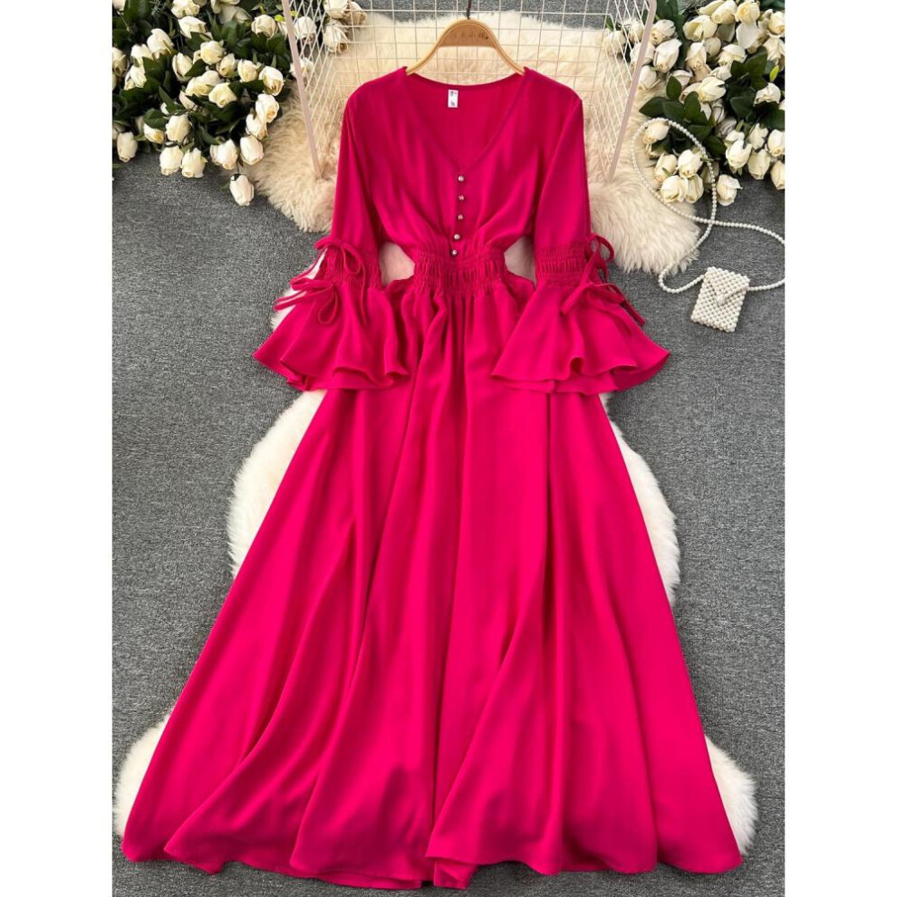 (rose red, One Size) Spring Autumn New Fahison Candy Color  Long Dress Women Elegant V-neck Flare Sleeve High Waist Holiday Beach Maxi Robe Dresses