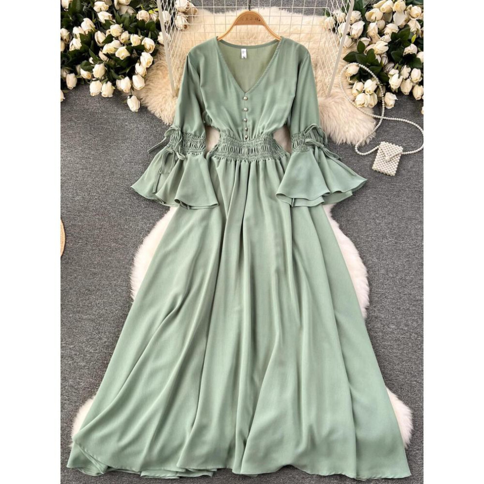 (light green, One Size) Spring Autumn New Fahison Candy Color  Long Dress Women Elegant V-neck Flare Sleeve High Waist Holiday Beach Maxi Robe Dresses