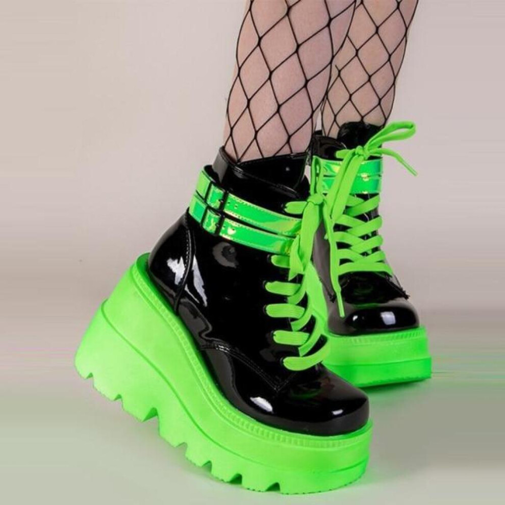 (as the picture, 36) New Arrrivals Brand Platform High Wedges Motorcycle Women&apos;s Boots Light Green Lace Up Punk Goth Autumn Winter Shoes