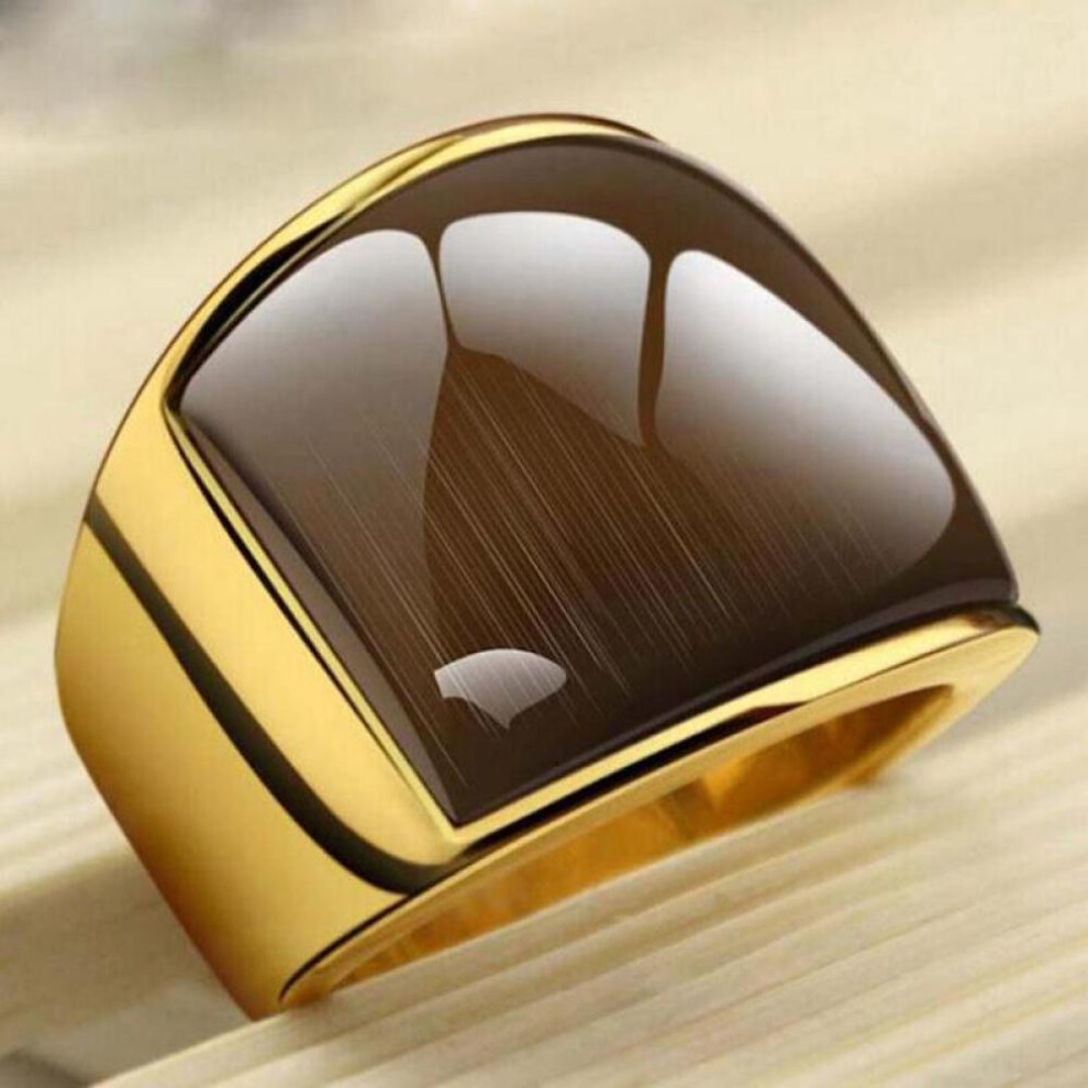 (as the picture, 13) Top Quality Gorgeous Men Ring Wide Style Stainless Steel Gold Tone Ring With Opal Fashion Male Jewelry