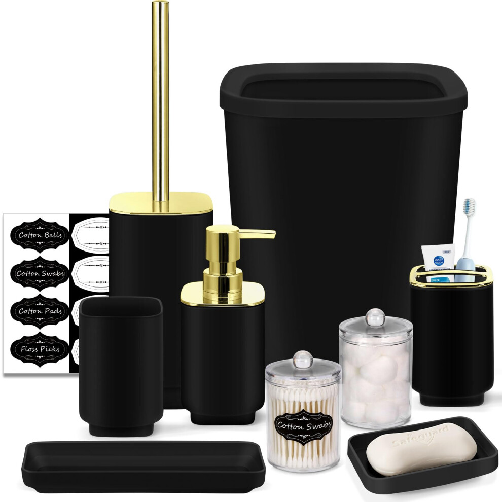 IMAVO Bathroom Set - 9 Pcs Black and Gold Bathroom Accessories Set with Trash Can  Soap Dispenser Tray Soap Dish  Toothbrush Holder and Cup  Toilet Br
