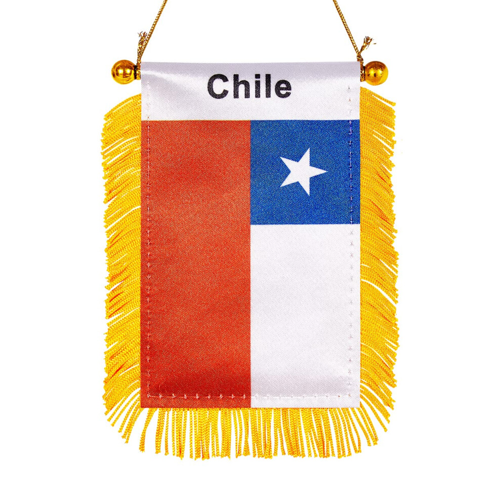 Wxtwk 3 X 5 Inch Chile Flag Chilean Window Hanging Flag Small Mini Car Flags Banners Rearview Mirror Decoration With Suction Cup Fringy Banner Golden 761325749479