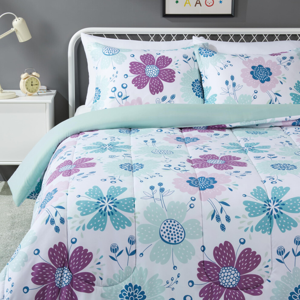 Amazon Basics - 3 Piece Microfiber Kid's Comforter and Pillow Sham Set  Full/Queen  Purple Flowers  Bluish Pink  Floral