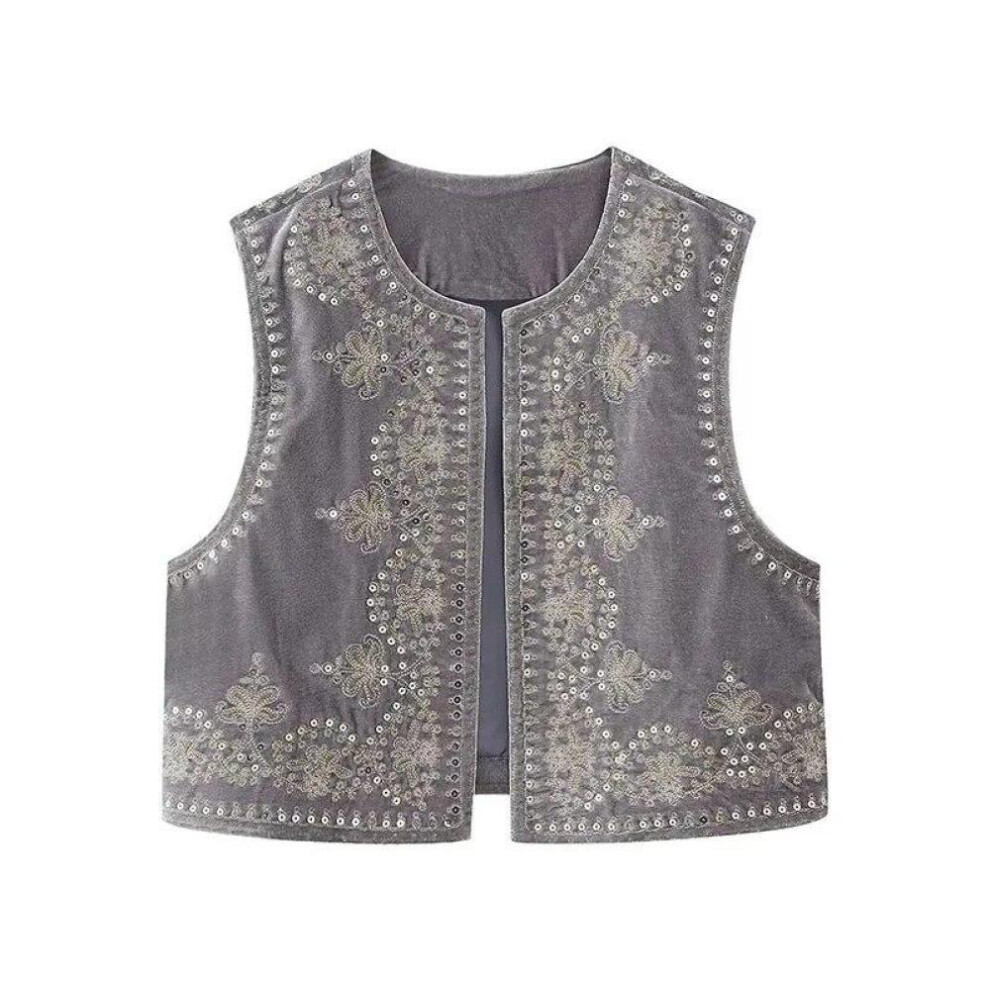 (gray, L) Sequin Embroidered Velvet Vest Tops Women Fashion Vintage Sleeveless O-neck Black Vests 2023 Spring Causal Slim Street Lady Top