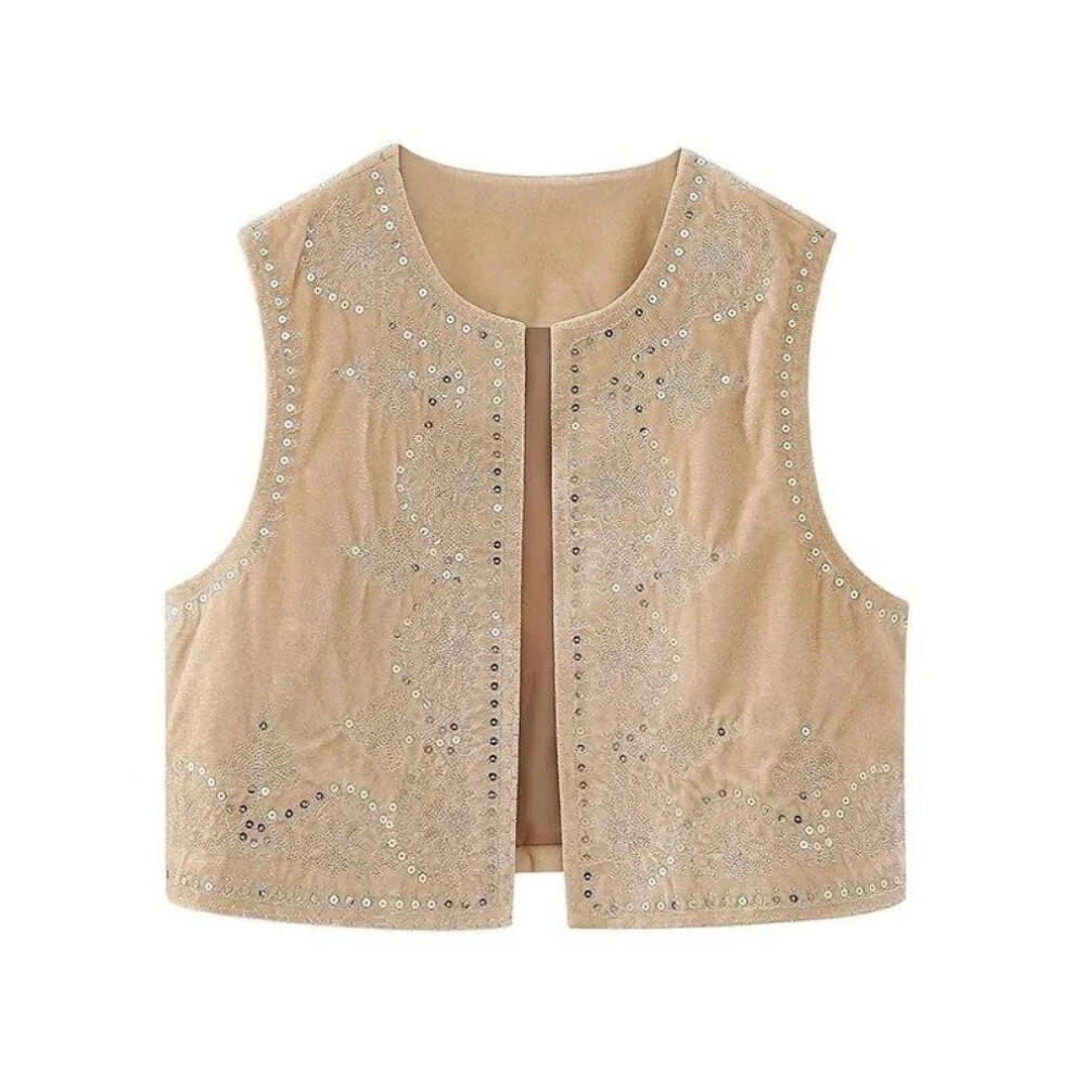 (khaki, L) Sequin Embroidered Velvet Vest Tops Women Fashion Vintage Sleeveless O-neck Black Vests 2023 Spring Causal Slim Street Lady Top