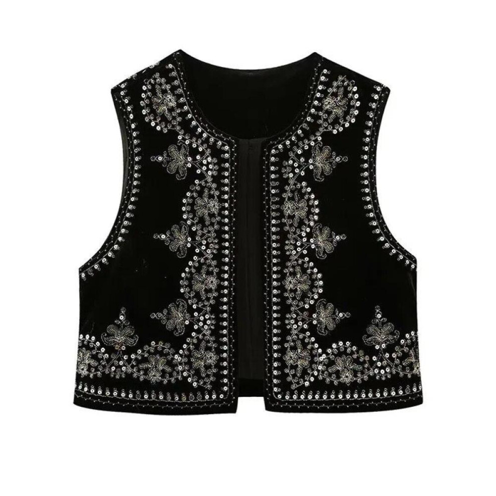 (black, S) Sequin Embroidered Velvet Vest Tops Women Fashion Vintage Sleeveless O-neck Black Vests 2023 Spring Causal Slim Street Lady Top