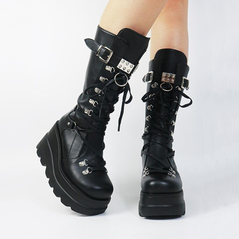 (black, 39) Gothic Style Platform Women Mid-calf Boots Winter Wedges Comfy Women Motorcycle Boots Shoes