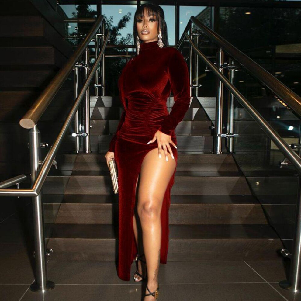 (red, S) Autumn Winter Women Solid Velvet Long Sleeve Ruched Midi Dress Side Slit Bodycon Sexy Streetwear Party Elegant Club