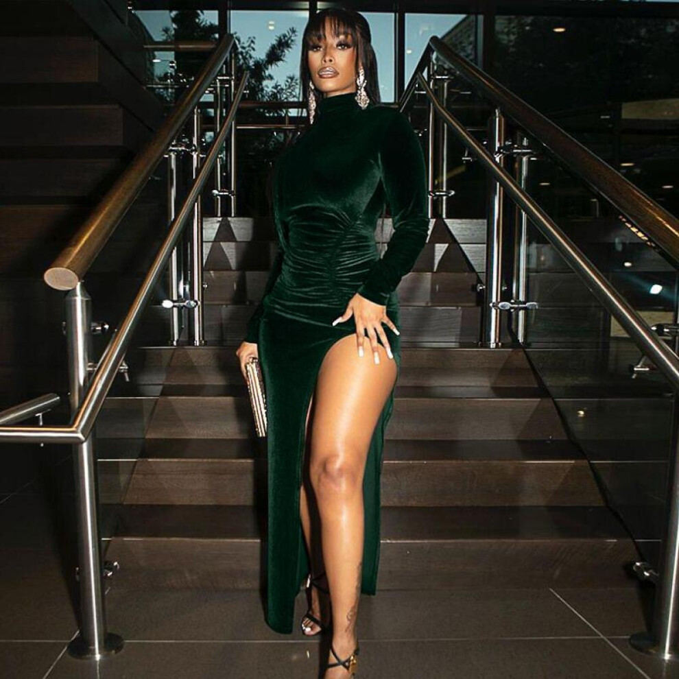 (green, S) Autumn Winter Women Solid Velvet Long Sleeve Ruched Midi Dress Side Slit Bodycon Sexy Streetwear Party Elegant Club