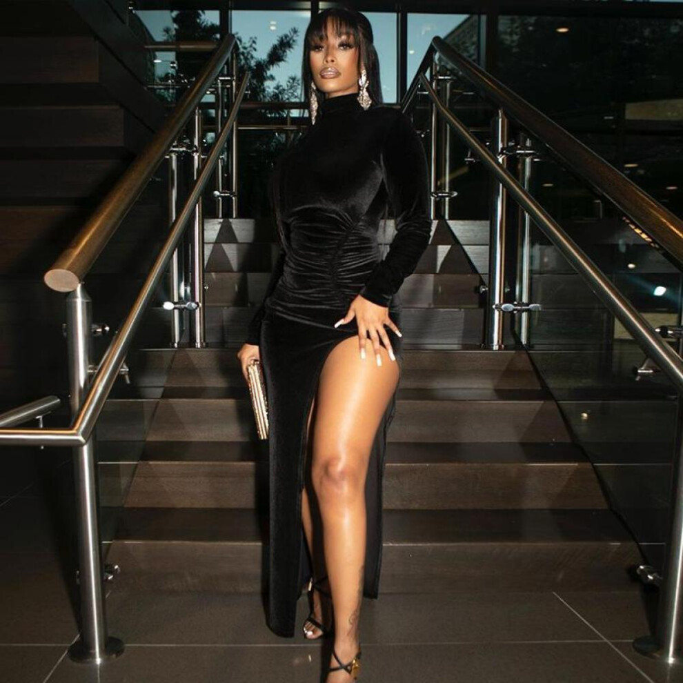 (black, M) Autumn Winter Women Solid Velvet Long Sleeve Ruched Midi Dress Side Slit Bodycon Sexy Streetwear Party Elegant Club